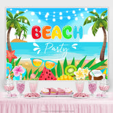 Toile de fond d'anniversaire de cocotier de plage d'été de dessin animé